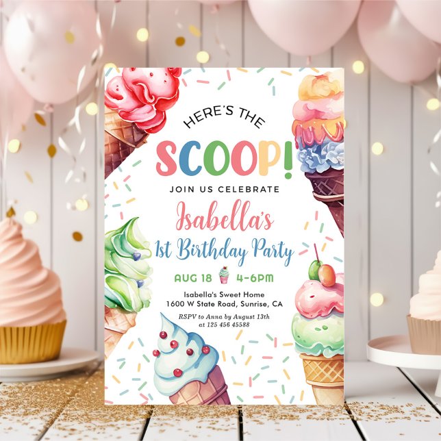 Här är Scoop Girls Ice Cream 1:a födelsedagen Inbjudningar (Skapare uppladdad)