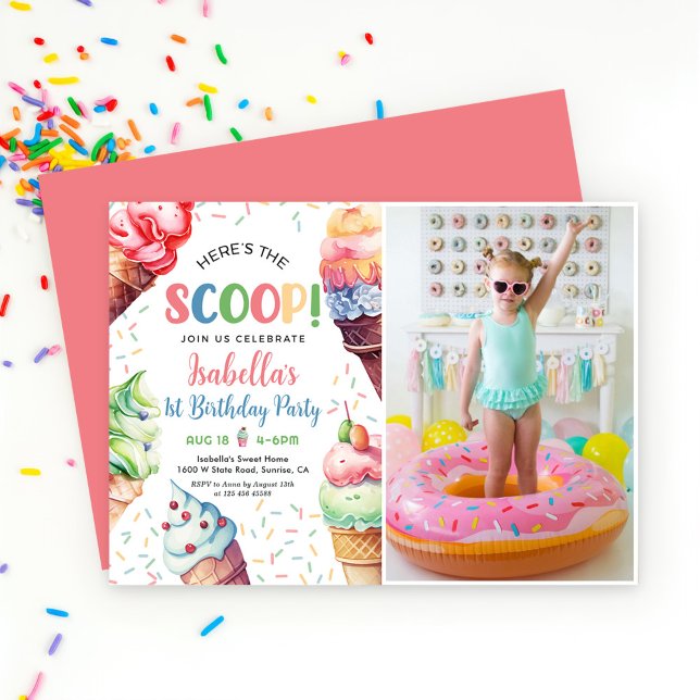 Här är Scoop Girls Ice Cream 1:a födelsedagen Inbjudningar (Skapare uppladdad)