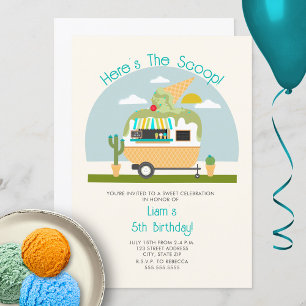 Här är Scoop Grönt Ice Cream Lastbil Birthday Inbjudningar