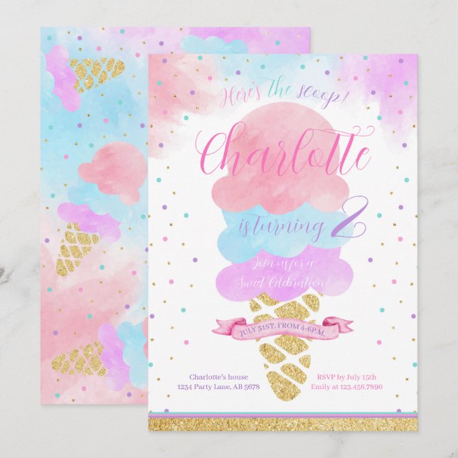 Här är Scoop Ice Cream Birthday Inbjudningar (Fram/baksida)