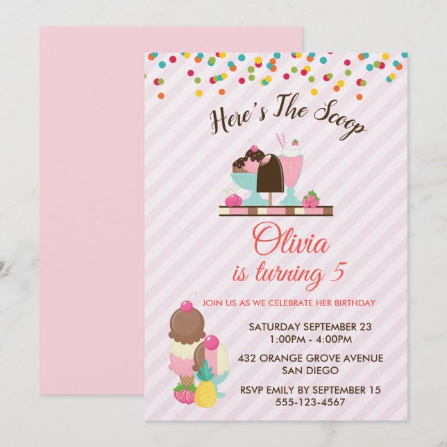 Här är Scoop Ice Cream & Confetti Birthday Inbjudningar (Fram/baksida)