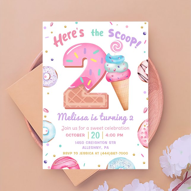 Här är Scoop Ice Cream Donut 2:a födelsedagen Inbjudningar (Skapare uppladdad)