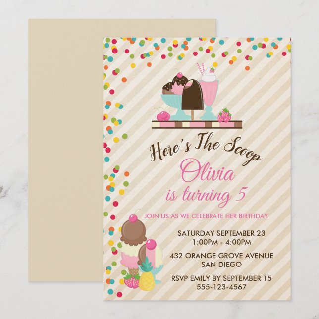 Här är Scoop Ice Cream-Födelsedagsfesten Inbjudningar (Fram/baksida)