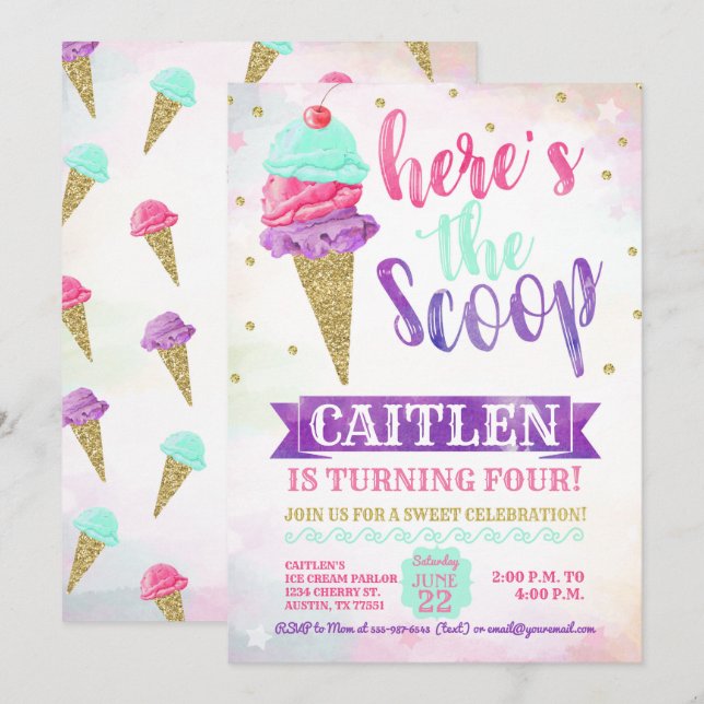 Här är Scoop Ice Cream Guld Glitter-födelsedagen Inbjudningar (Fram/baksida)
