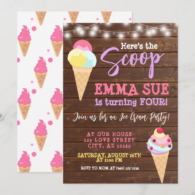Här är Scoop Ice Cream Party Birthday Inbjudningar (Fram/baksida)