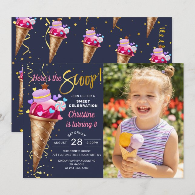 Här är Scoop Ice Cream Party-marinblåfoto Inbjudningar (Fram/baksida)