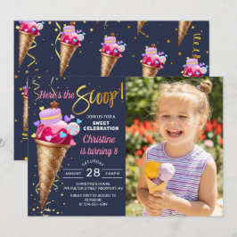 Här är Scoop Ice Cream Party-marinblåfoto Inbjudningar