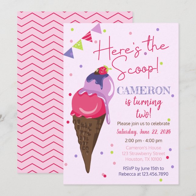 Här är Scoop Ice-Födelsedagsfesten Inbjudningar (Fram/baksida)