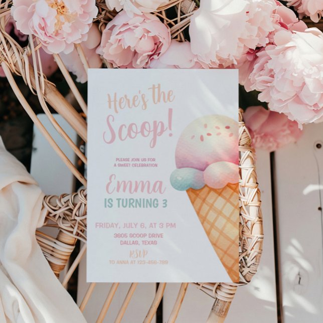 Här är Scoop Pastel Rosa Ice Cream Birthday Inbjudningar (Skapare uppladdad)