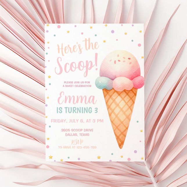 Här är Scoop Pastel Rosa Ice Cream Birthday Inbjudningar (Skapare uppladdad)