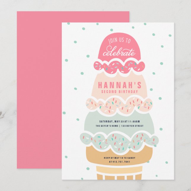 Här är Scoop Rosa Ice Cream Birthday Inbjudan (Fram/baksida)