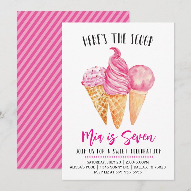 Här är Scoop Rosa Ice Cream Birthday Inbjudningar (Fram/baksida)