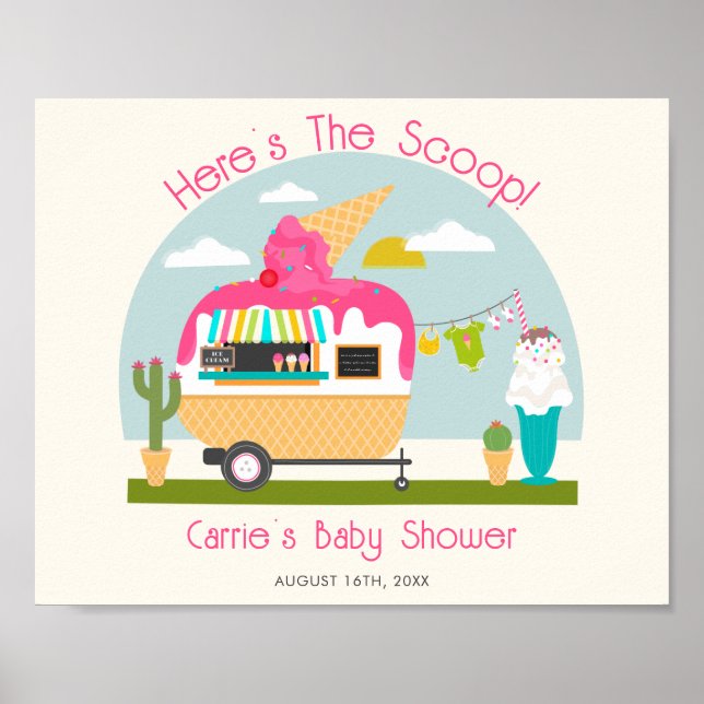 Här är Scoop Rosa Ice Cream Camper Baby Shower Poster (Framsidan)