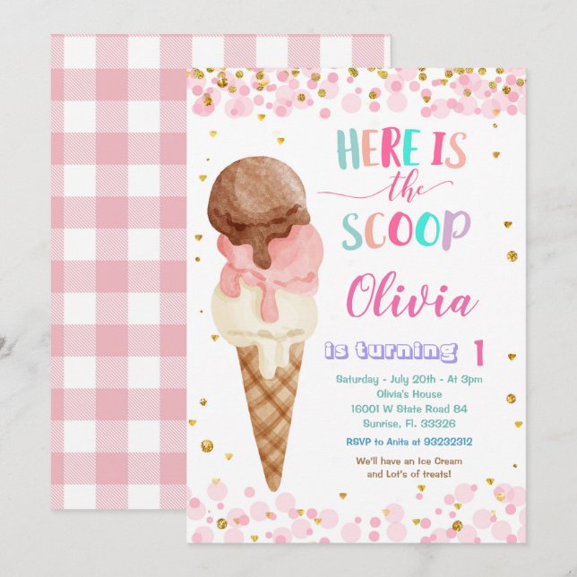 Här är Scoops Cone Ice Cream-Födelsedagsfesten Inbjudningar (Fram/baksida)