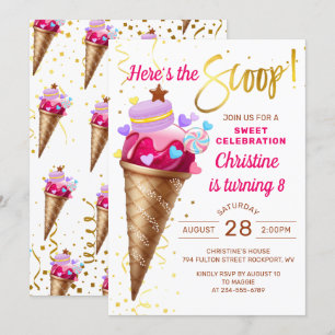 Här är The Scoop Rosa Guld Ice Cream Birthday Inbjudningar