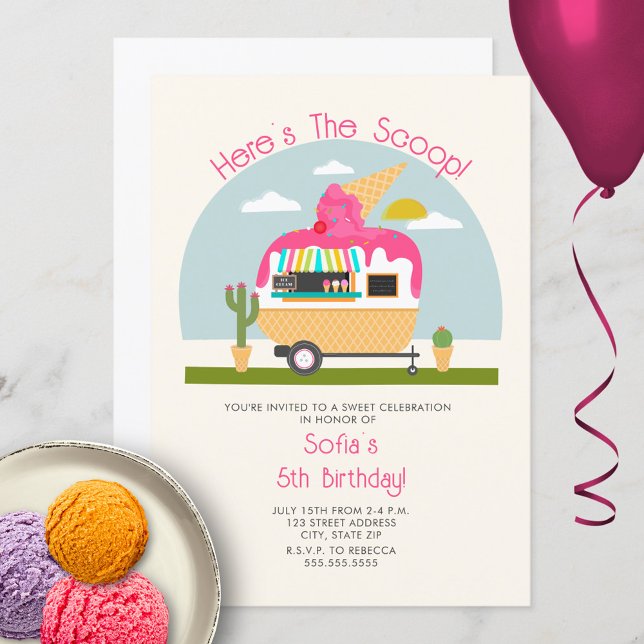 Här är The Scoop Shock rosa Ice Cream Lastbil Birt Inbjudningar (Skapare uppladdad)