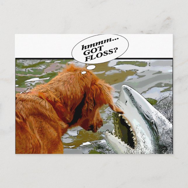 HAR FLOSS? HUND IN SHARK'S MOUTH - HUMOR VYKORT (Framsida)