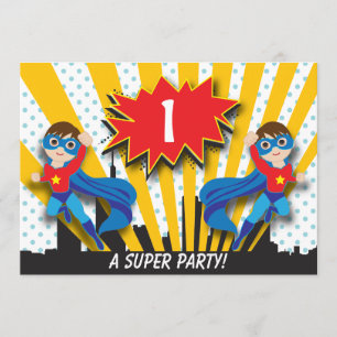 Hår för pojkar för twillingarSuperherofödelsedag Inbjudningar