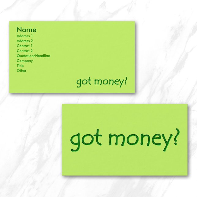 Har Green pengar? Visitkort (Green got money? business card)