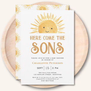 Här Kom är Sons Sunshine Twillingar Baby Shower Inbjudningar