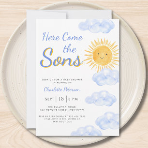Här Kom är Sons Twin Boys Baby Shower Inbjudningar