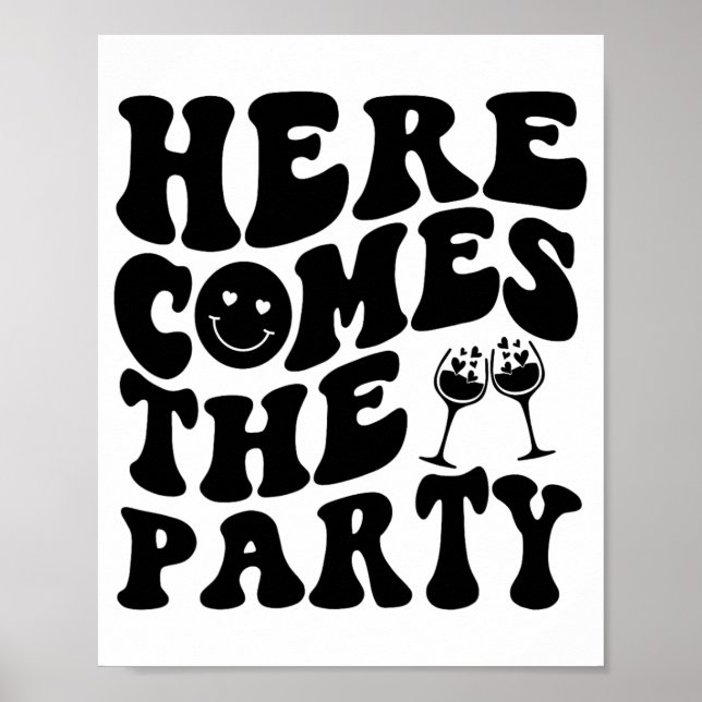 Här Kom Bride Party Retro Groovy Bachelorett Poster (Framsidan)