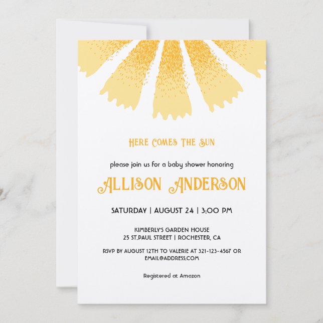 Här kommer babyduschen Sol Inbjudningar (Framsida)