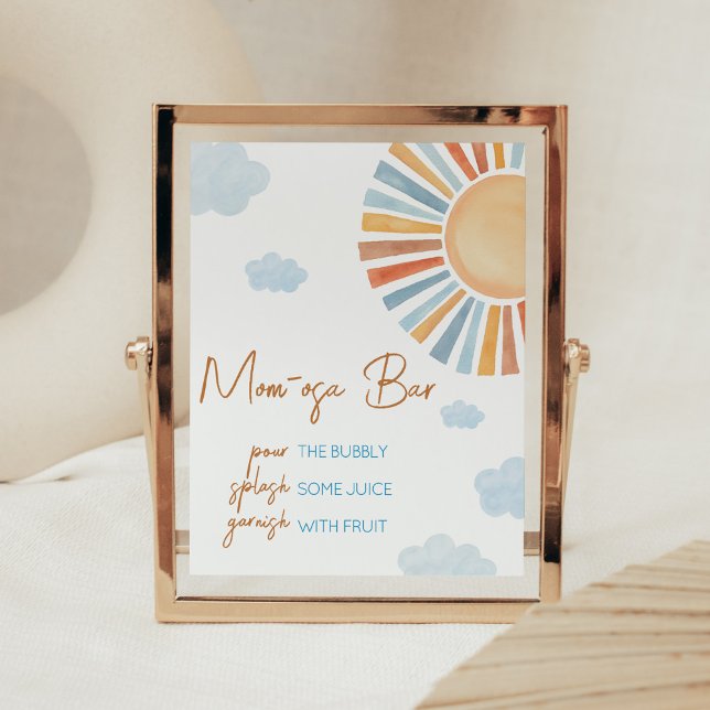 Här kommer babyduschen Sol Mamma Osa Pub Poster (Blue Boho Sunshine Baby Shower Mom Osa Bar Sign)