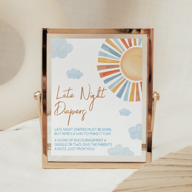 Här kommer babyskorna i Sol sent på natten Poster (Blue Boho Sunshine Baby Shower Late Night Diapers Sign)