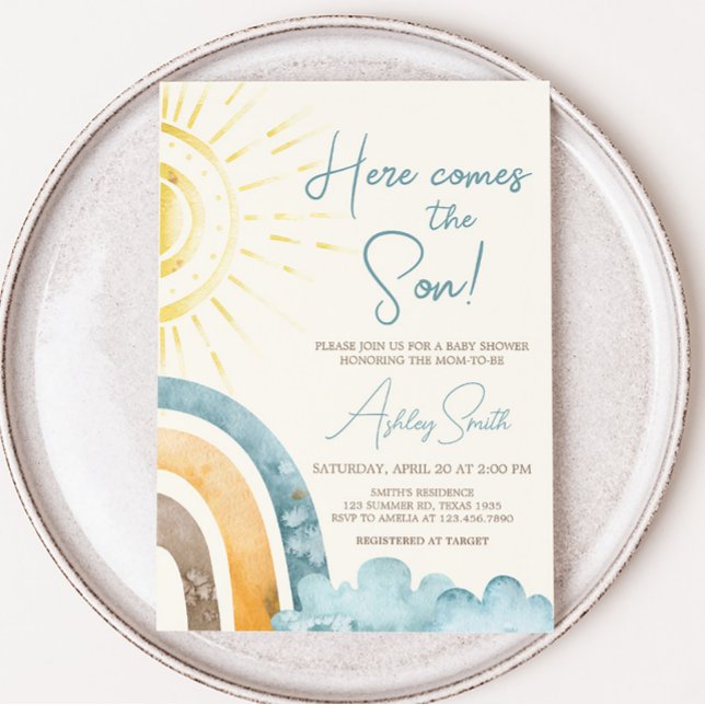 Här kommer barnskåran för son Retro Inbjudningar (Boho Here Comes The Sun Baby Shower Invitation)