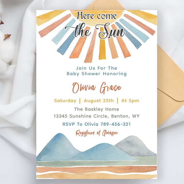 Här kommer barnsköparen Sol Retro Rainbow Inbjudningar (Skapare uppladdad)