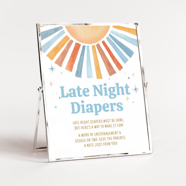 Här kommer barnskorna sent på natten poster (Boho Sunshine Baby Shower Late Night Diapers Sign)