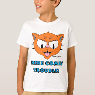 "HÄR KOMMER BESVÄR!" Tecknad Katt Rolig Barn T Shirt