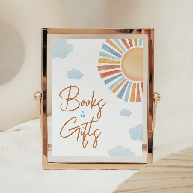 Här kommer Bokar och presenter från Sol, babydiske Poster (Blue Boho Sunshine Baby Shower Books and Gifts Sign)