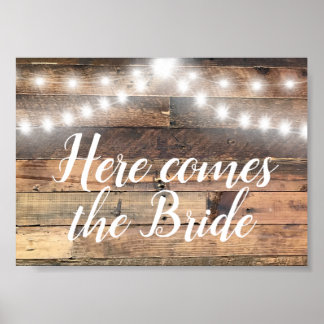 Här kommer Bride Rustic Wood Ljus-strängarna Poster