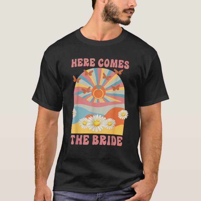 Här kommer bruden 70-tals hippie retro möhippa t shirt (Framsida)