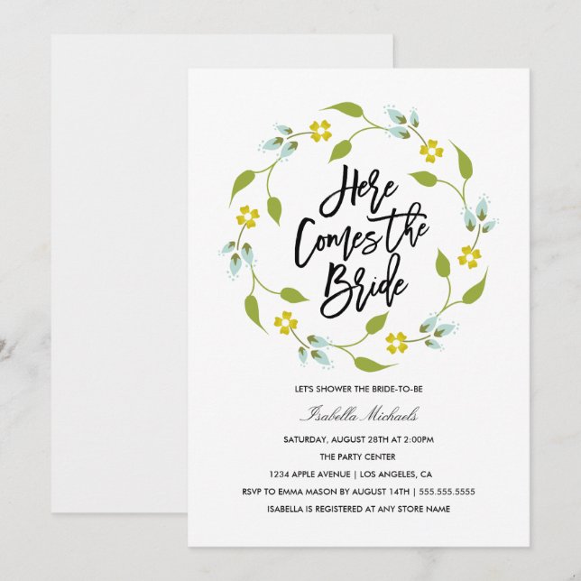 Här kommer bruden | Spara datumet meddelande Inbjudningar (Fram/baksida)