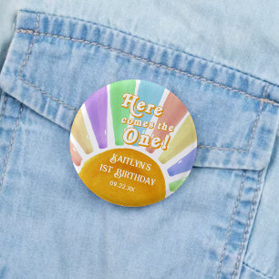 Här kommer den! Retro Boho Sol 1:a födelsedag Knapp