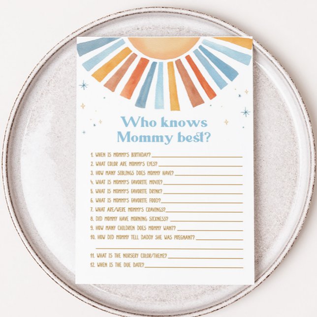 Här kommer den son-babyådaren som känner till bäst (Boho Sunshine Baby Shower Who knows Mommy Best Game)