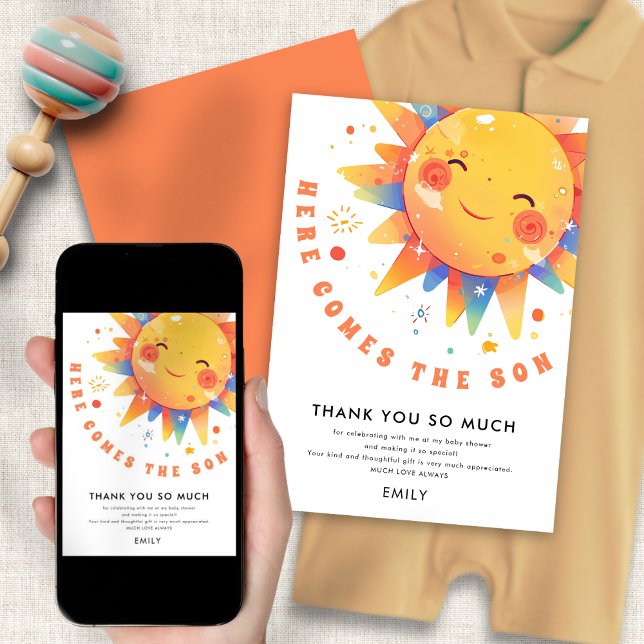 Här kommer det tackkort du har för Son Baby Shower Inbjudningar (Front and back view. Available digitally and printed)