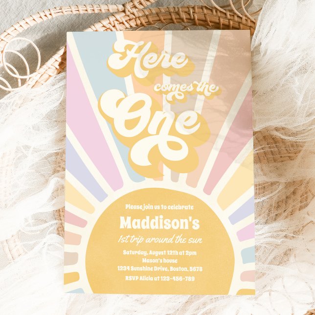 Här kommer en Boho Sunshine 1:a födelsedagen Inbjudningar (Skapare uppladdad)