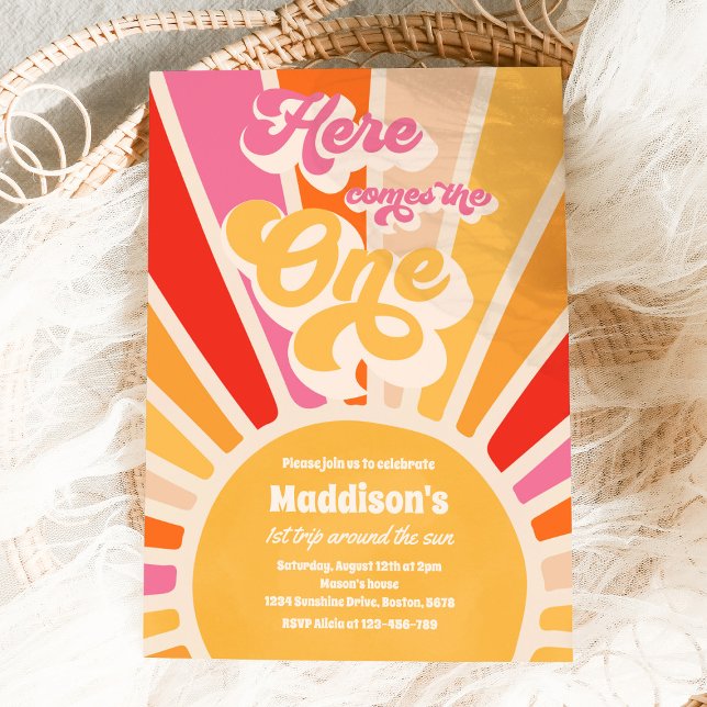 Här kommer en Boho Sunshine 1:a födelsedagen Inbjudningar (Skapare uppladdad)