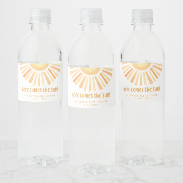 Här kommer en könsneutral babydusch i sol vattenflaskor etikett (Flaskor)