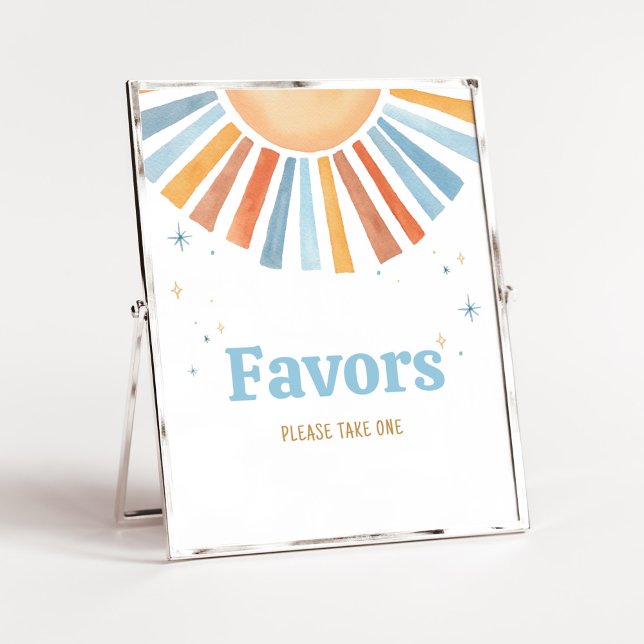 Här kommer favoriterna för babybabyskor poster (Boho Sunshine Baby Shower Favors Sign)
