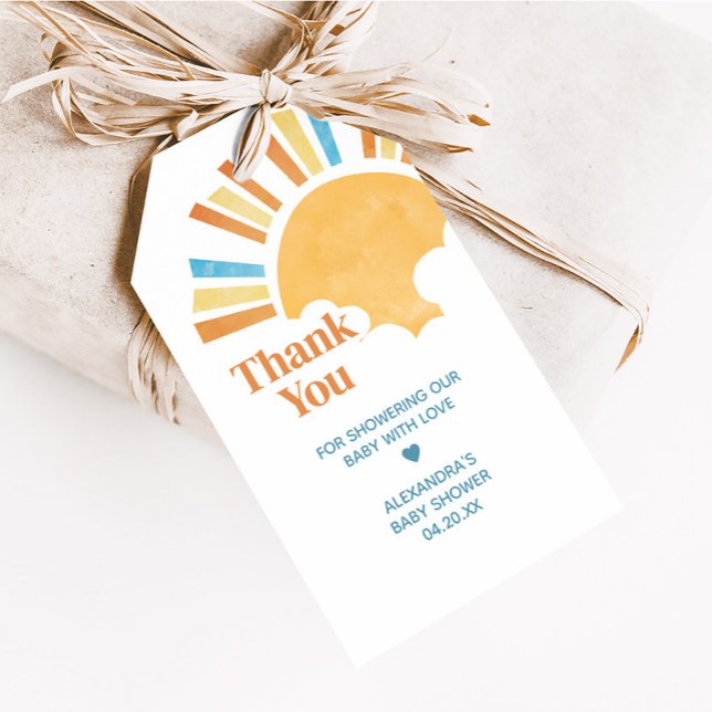 Här kommer favoritmärkorden för babybabyskor presentetikett (Retro Here Comes the Son Baby Shower Favor Tags)