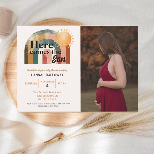 Här kommer fotografiet Son Rainbow Baby Shower Inbjudningar (Skapare uppladdad)
