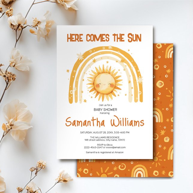 Här kommer inbjudan till babyduschen i Sol (Here comes the Sun watercolor cute baby shower invitation )