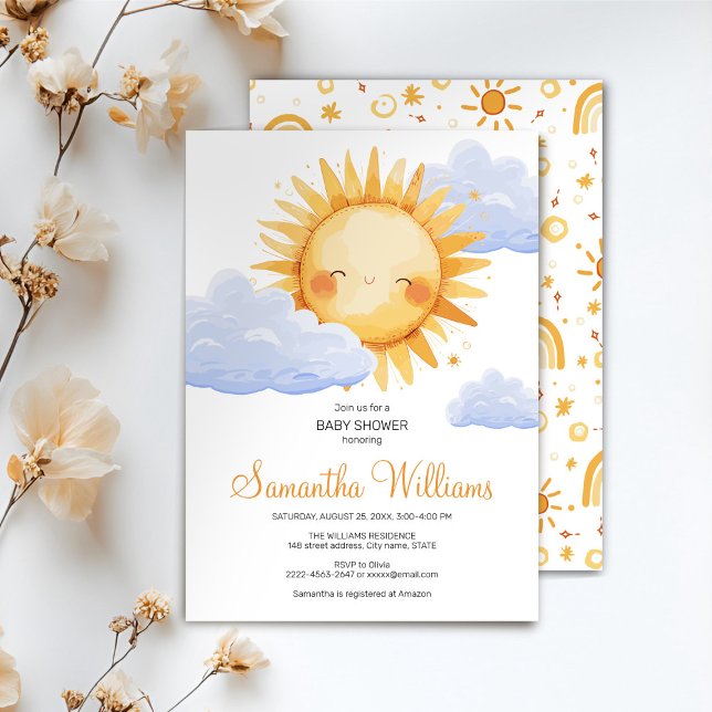 Här kommer inbjudan till babyduschen i Sol (Here comes the Sun watercolor cute baby shower invitation )