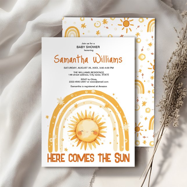 Här kommer inbjudan till babyduschen i Sol (Here comes the Sun watercolor cute baby shower invitation )