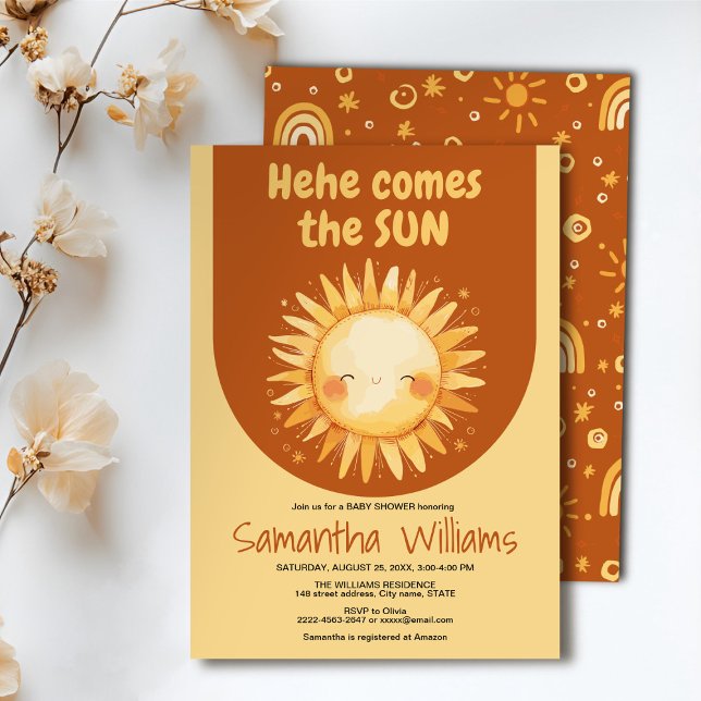 Här kommer inbjudan till babyduschen i Sol (Here comes the Sun watercolor cute baby shower invitation )